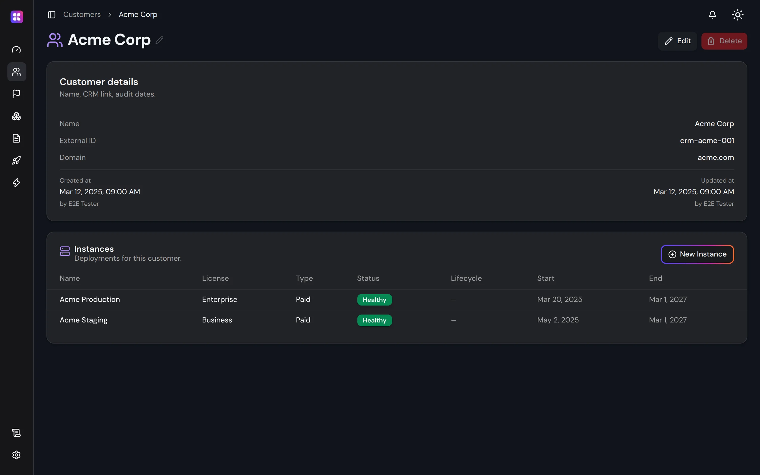A customer in the Kaiten console: their details and external ID, and each instance with its license, status and dates.