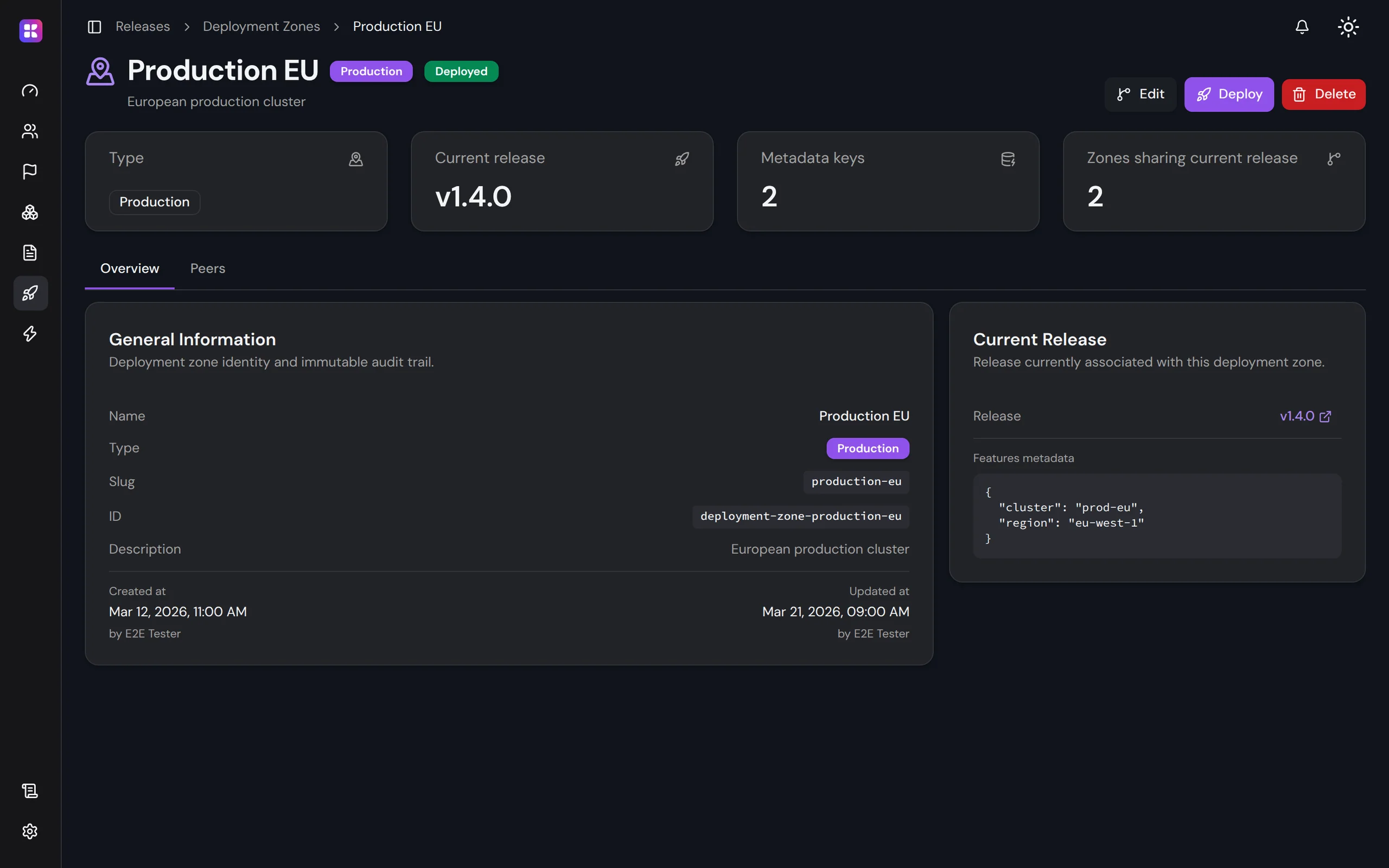 A deployment zone in the Kaiten console: the release it currently runs, its metadata, and how many zones share that release.