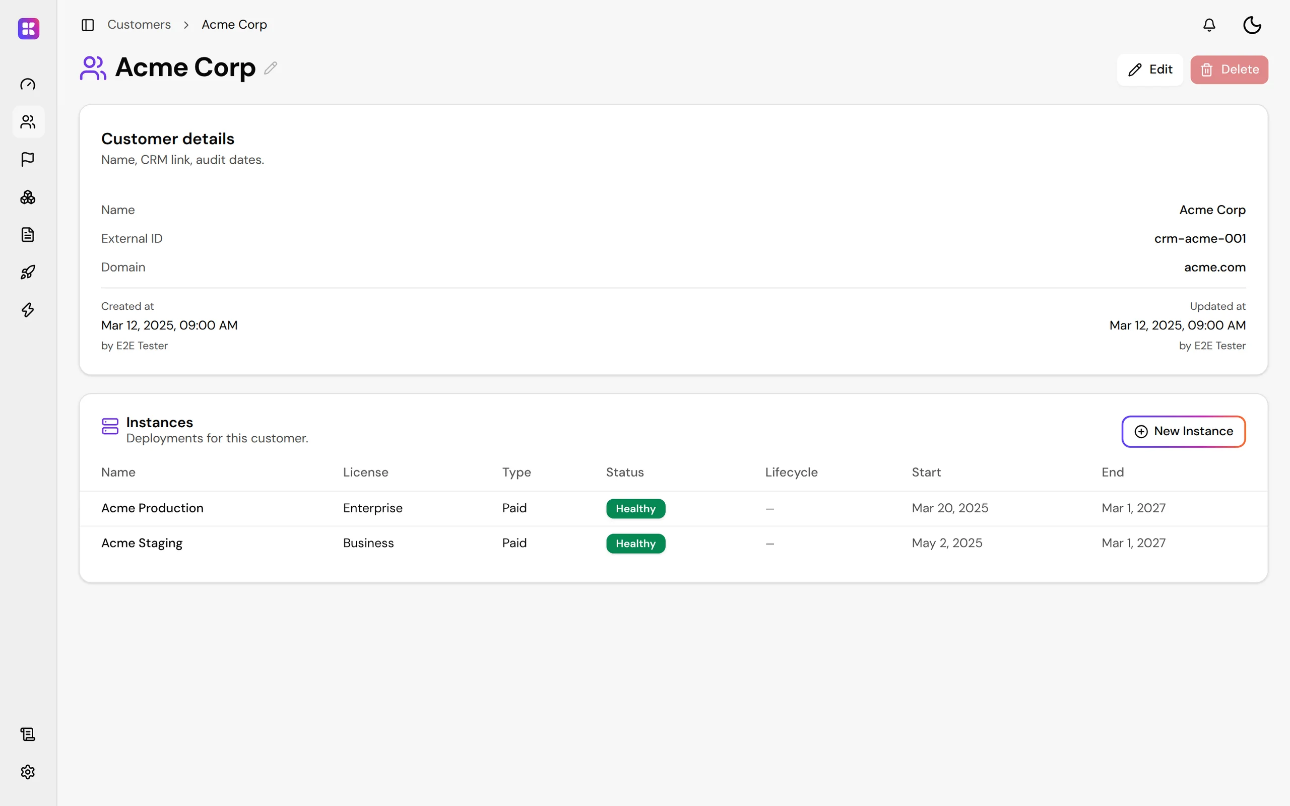 A customer in the Kaiten console: their details and external ID, and each instance with its license, status and dates.