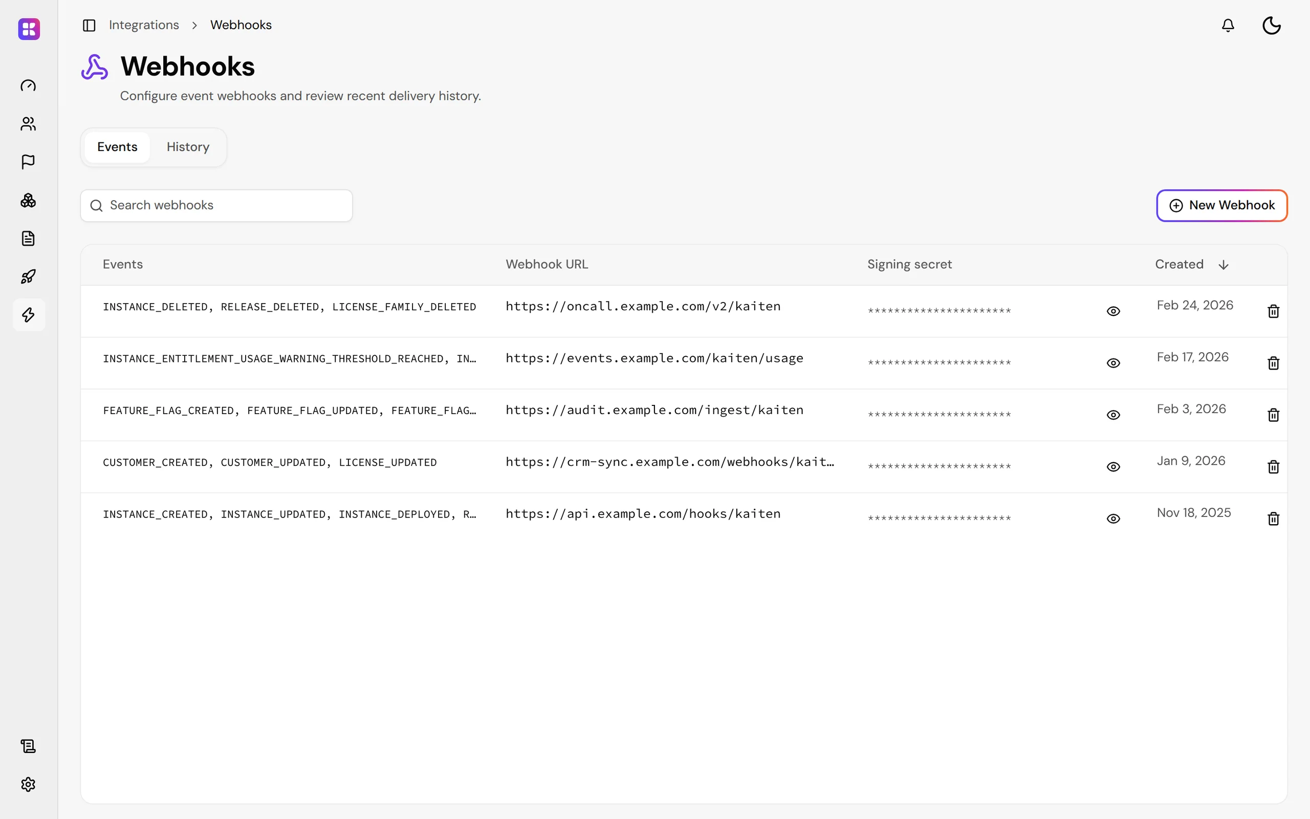 The webhooks page of the Kaiten console: endpoints subscribed to typed events, each with its signing secret.